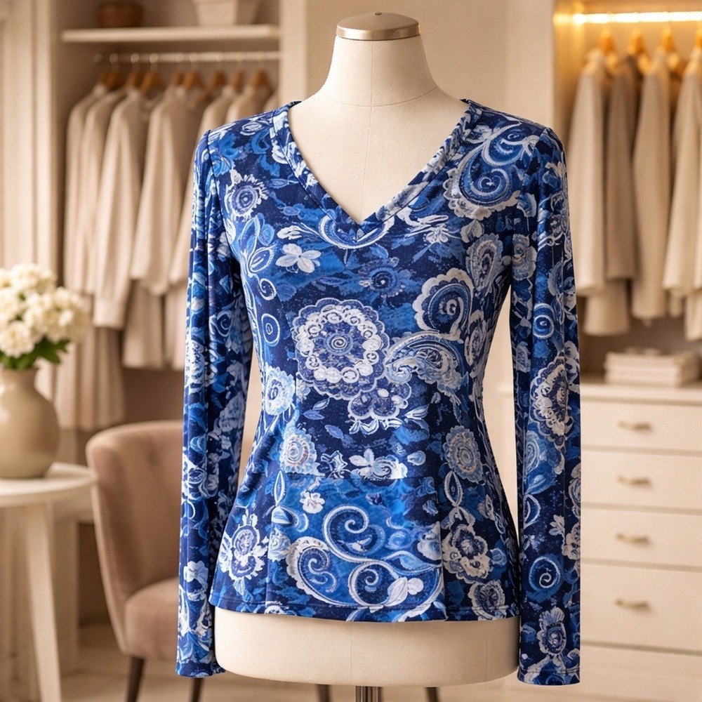 Chico's Travelers 3 Blue Gray‎ Paisley Mandela Stretch Pullover XL LS